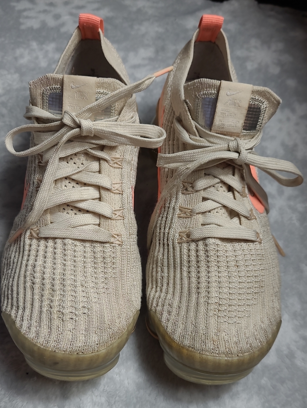 Nike Tan Knit Sneakers with Coral Pull Tabs